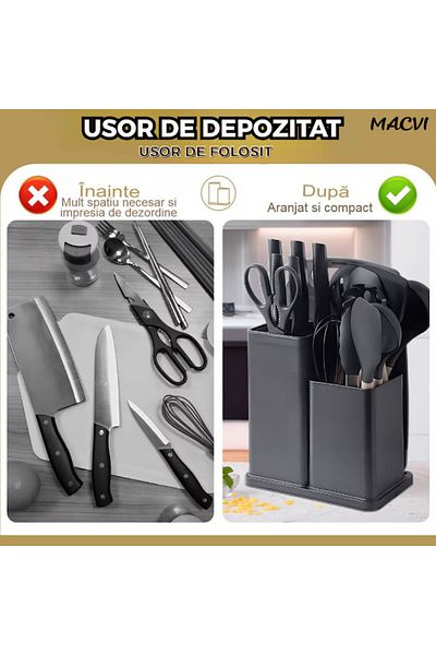 MACVI Set Ustensile Bucatarie Macvi® 19 Piese Silicon Termorezistent si Bambus, Cutite Inox, Gri Elegant