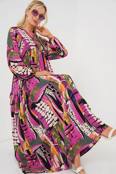 Deridün Yıldız Shoes 2423 Authentic Patterned Hijab Dress - H. Khaki