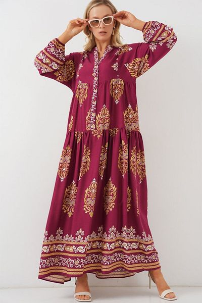 MRA Fashion 2423 Authentic Patterned Hijab Dress - Z.Burgundy