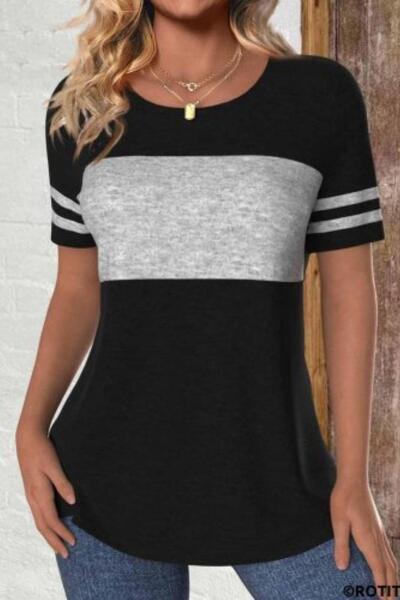 Mossta Striped Sleeve Block Patterned Viscose Blouse - Black