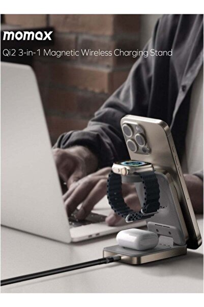 Momax حامل شحن لاسلكي مغناطيسي 3 في 1 بمنفذ شحن Q.Port Qi2 بقوة 15 وات - تيتانيوم