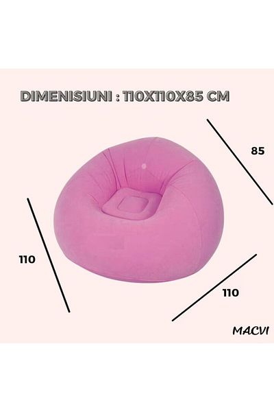 MACVI Fotoliu Gonflabil Macvi® Lazy Bag cu pompa inclusa, 110x110x85 cm, Portabil, Interior/Exterior, Roz
