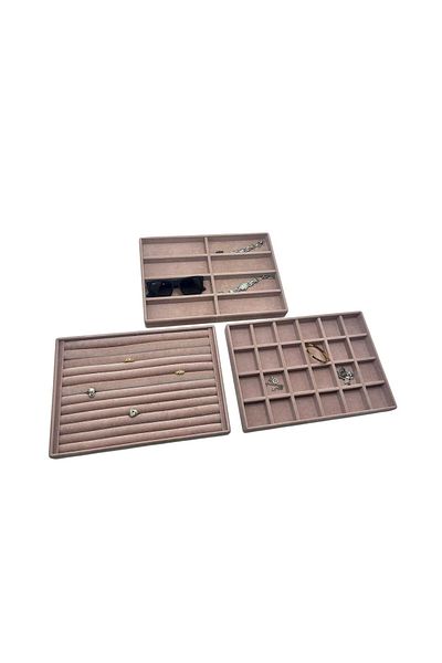 MeGass Dekor Suede Fabric Pink Color 34/24 cm Set of 3 Jewelry Trays in Drawer