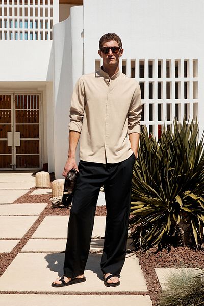 GRIMELANGE Jezer Men's Judge Collar Long Sleeve 100% Cotton Regular Fit Beige Shirt