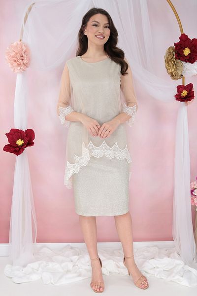 cupper Lurex occasion dress with tulle cape and ivory embroidery