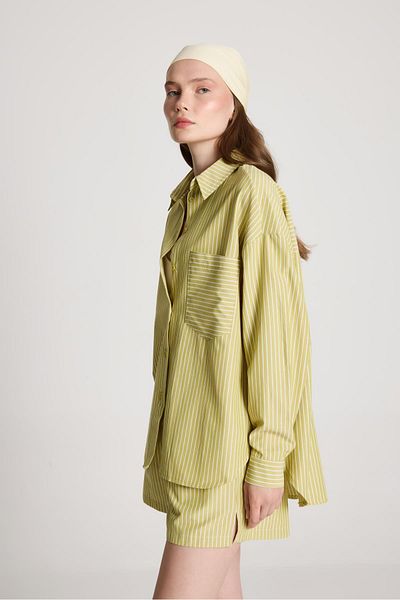 minaaise Oil Green White Striped Oversize Shirt/Shorts Top and Bottom Set 27381