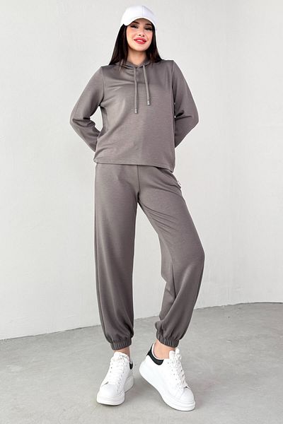 Cappmoda Tkm-1104 Anthracite Modal Fabric Hooded Blouse Jogger Bottom Double Loose Set