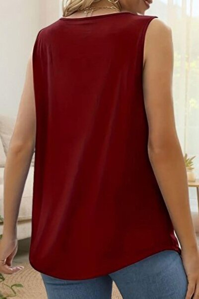 Mossta Round Neck Lace Detailed Viscose Blouse - Claret Red