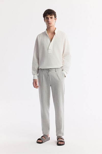Avva Men's Gray Relaxed Fit Waist Lace-Up Linen Blend Chino Pants B003036
