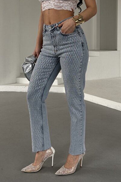 RICHMOST بنطلون جينز نسائي عالي الخصر بتفاصيل حجرية مزخرفة من الأم، جينز أزرق فاتح مغسول بالثلج