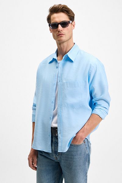 GRIMELANGE Juuso Men's Drape Fabric Shirt Collar Button Cuff Pocket Detail Long Sleeve Blue Shirt