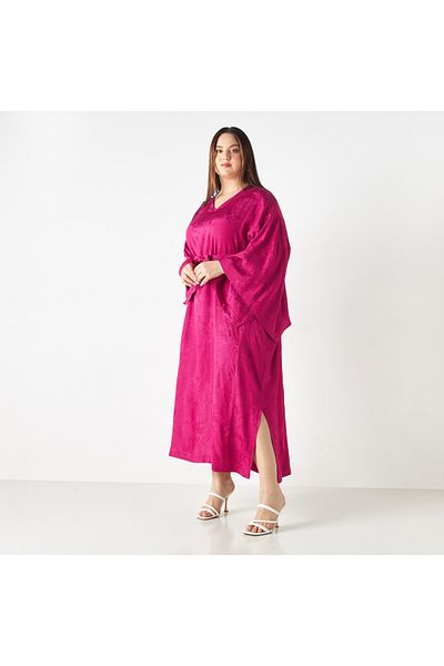 FAV Plus Size Textured Jacquard Kaftan with Belt Tie-Ups and Slit