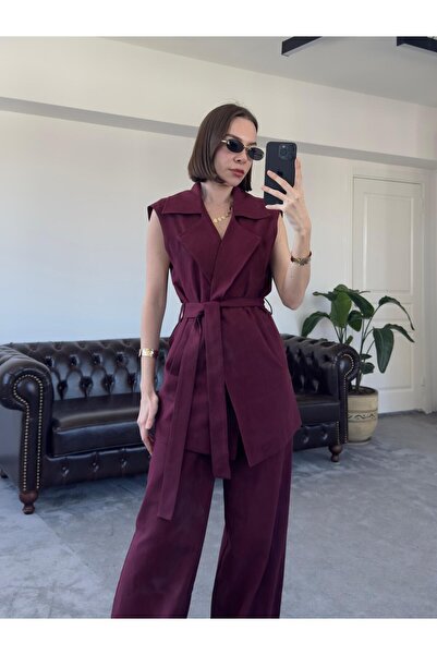 QİMYA BUTİK MAGARDE Women's Mid-Length Belted Vest and Loose Trousers Double Linen Set