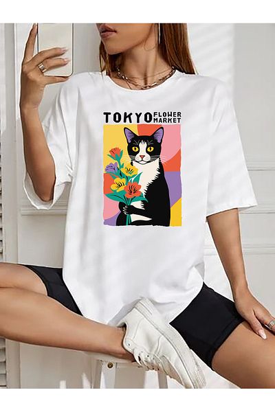 SUNFREE Popular Trend Printed Oversize Women's White T-Shirt