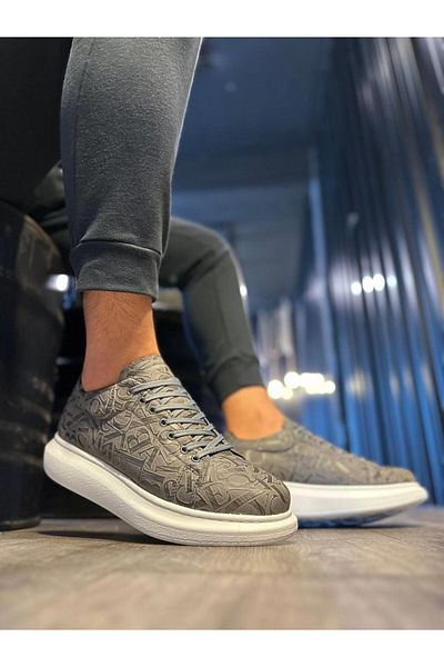 Byshoes Knack High Sole Letter Patterned Casual Shoes 047 Gray