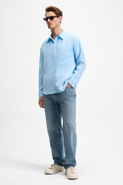 GRIMELANGE Juuso Men's Drape Fabric Shirt Collar Button Cuff Pocket Detail Long Sleeve Blue Shirt