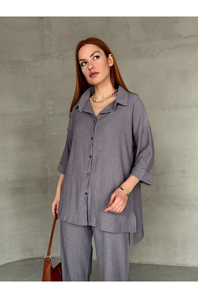 Cappmoda Tkm-03660 Smoked Casual Double Half Sleeve Side Slit Shirt Waist Elastic Pants Two Piece Set