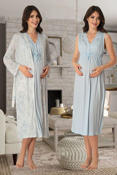 BLACKMORE Set de 2 cămașă de noapte pentru maternitate, cu design din dantelă albastră