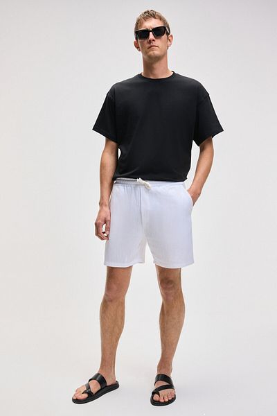 GRIMELANGE Leyton Men's Relaxed Fit Double Pocket Elastic Waist Linen Blended Woven White Shorts & Bermuda