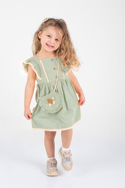 Nehirim Kids Girl's Bag and Lace Short Sleeve Summer Two-Way Salopet Green Dress (2-3-4-5 Years)