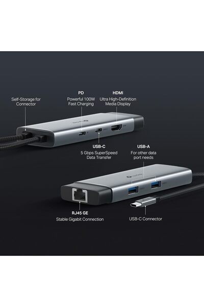 TP-LINK UH6120C USB C Hub PD100W, 4K 60Hz HDMI, 1× USB C 5Gbps, 2× USB A 5Gbps, Gigabit Ethernet