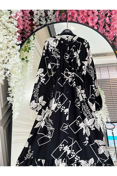 PİNK FLY Flower and Figure Pattern Red Viscose Dress