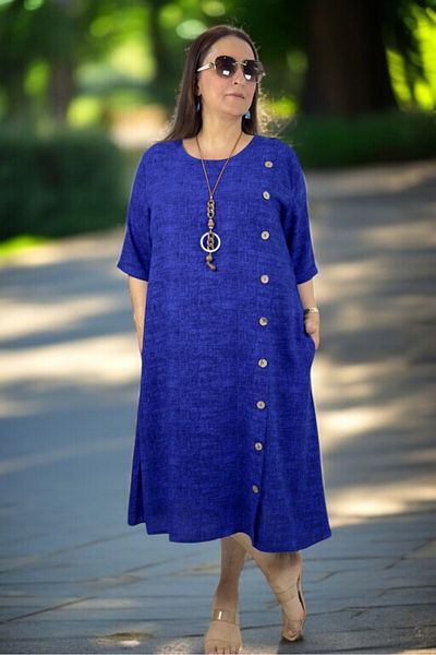 yagmurberen Side Boydan Wood Button Detail Brieve Sleeve with Pocket Intermediate Length Plus Size Cotton Viscose Dress