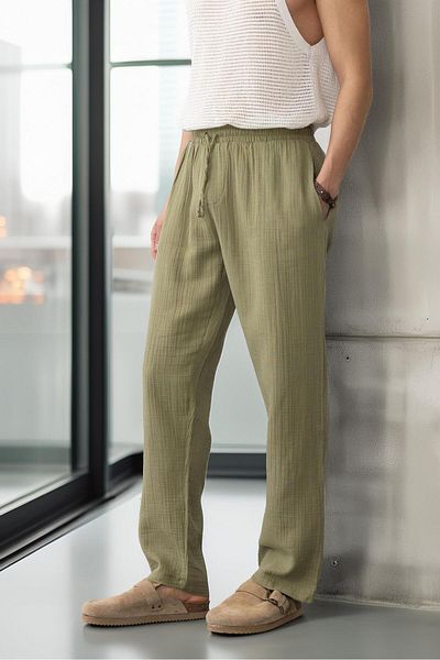 Valiberta Lightweight and Comfortable Muslin Baggy Men's Trousers - Khaki