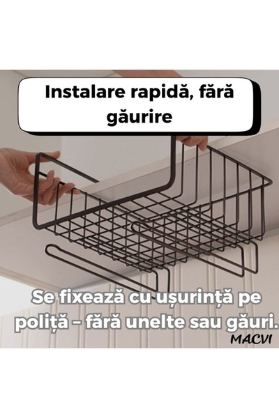 MACVI Μαύρος μεταλλικός οργανωτής Macvi®, κρεμαστός, τοποθετημένος κάτω από ράφι, χωρίς τρύπημα, ιδανικός για κουζίνα/μπάνιο