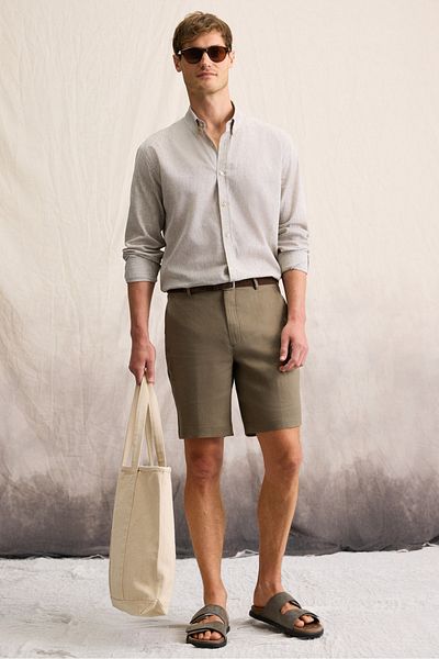 GRIMELANGE Lasse Men's Shirt Collar Cuffed Long Sleeve Regular Fit Linen Blended Khaki Shirt