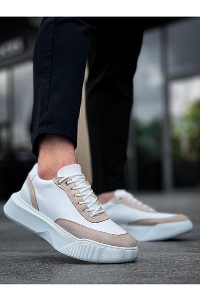 Byshoes Ba0354 Daily Lace-Up Men's Cream Piece White High Sole Sports Shoes