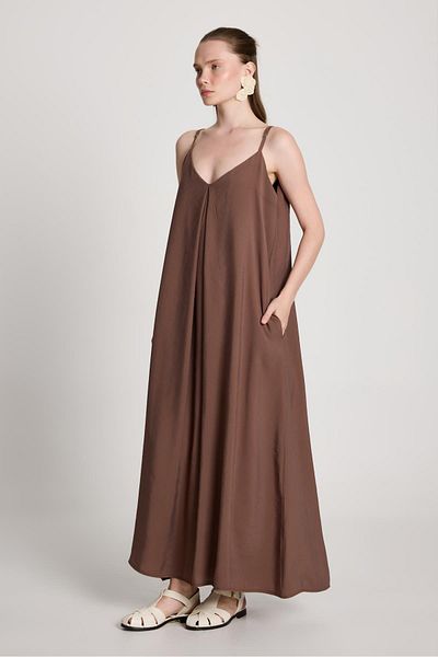 minaaise Γυναικείο Καφέ 100% Modal Strap Loose Cut Long Φόρεμα 29201