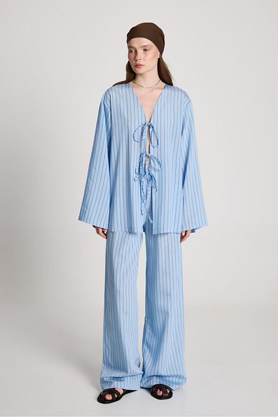 minaaise Darrell Striped Tie-Up Shirt/Pants Suit Blue