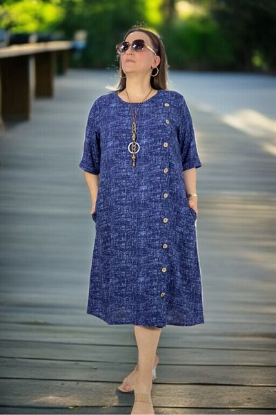 yagmurberen Side Boydan Wood Button Detail Brieve Sleeve with Pocket Intermediate Length Plus Size Cotton Viscose Dress