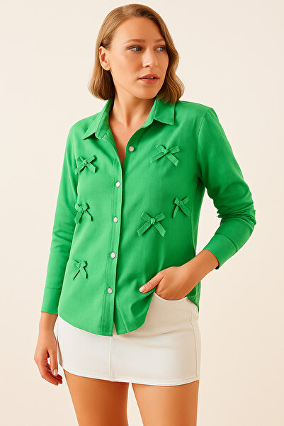 İpli Kadın Gömlek Fiyonk Detaylı Taş Düğmeli