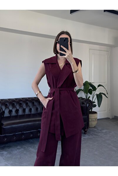 QİMYA BUTİK MAGARDE Women's Mid-Length Belted Vest and Loose Trousers Double Linen Set