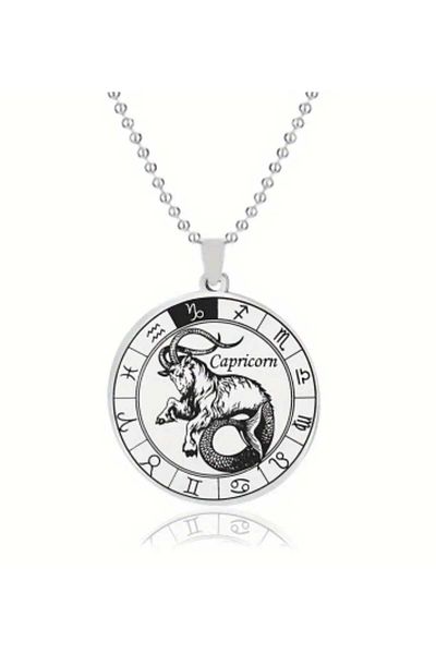 sarıyer silver Capricorn Zodiac Sign Model 12 Zodiac Sign Circle Designed Astrology and Horoscopes Themed Steel Necklace