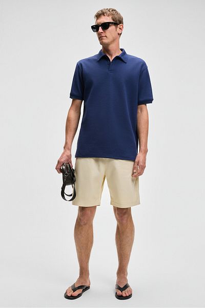 GRIMELANGE Tricou Laporte pentru bărbați, din țesătură texturată, slim fit, albastru bleumarin, cu guler polo