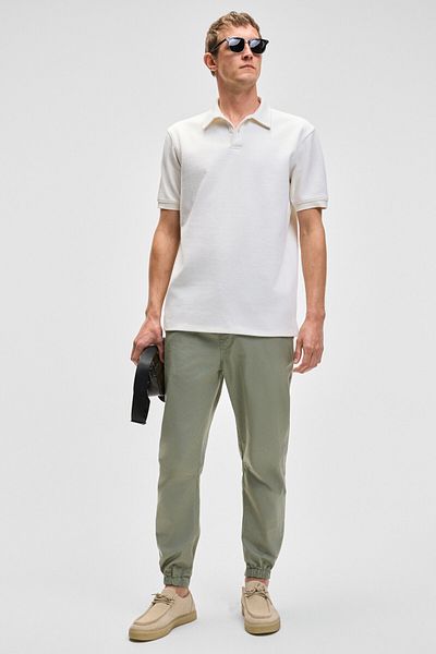 GRIMELANGE Jakob Men's Woven Washed 4-Pocket Thick Textured Light Khaki Trousers with Elastic Legs