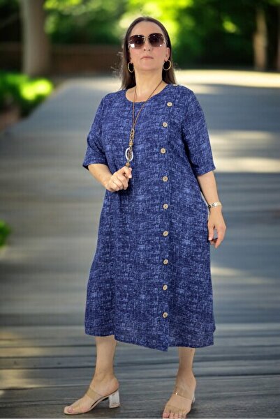 yagmurberen Side Boydan Wood Button Detail Brieve Sleeve with Pocket Intermediate Length Plus Size Cotton Viscose Dress