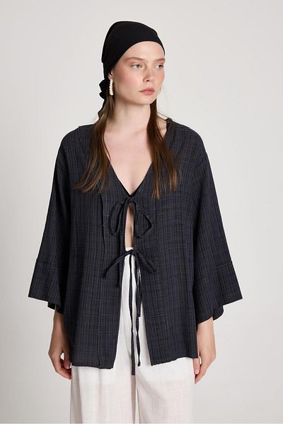 minaaise Kimono de damă, antracit, cu model, cu cravată în față 29138