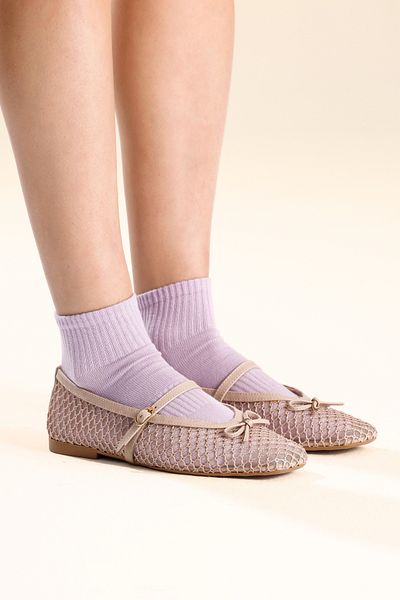 LOVENTA Pantofi de balerină casual bej cu detaliu tricotat și plasă Lia