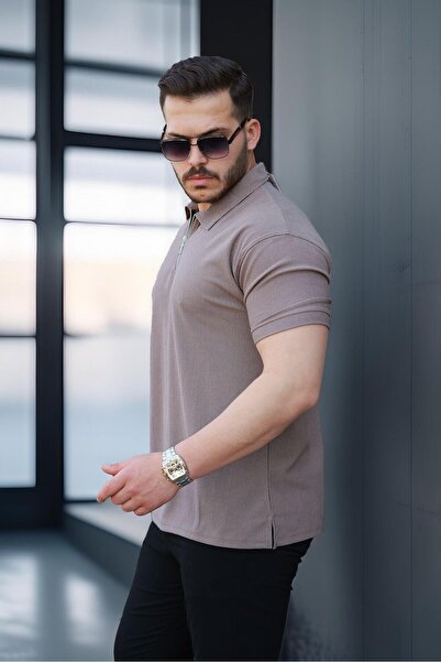 Valiberta Ανδρικό μπλουζάκι με λαιμόκοψη με μισό φερμουάρ Lycra - Καφέ