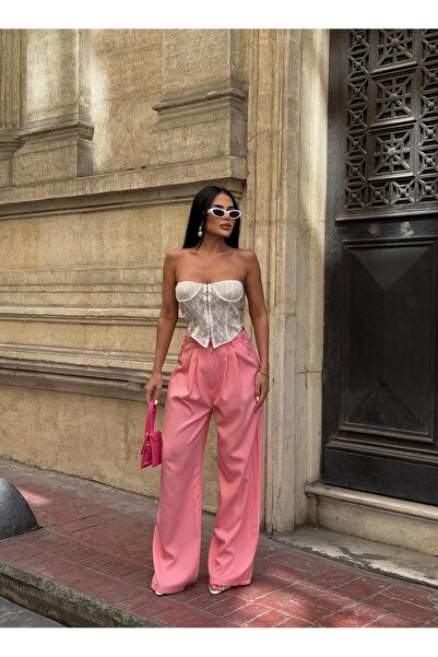 sajarsln Double Kumaş Düğme Detaylı Bol Paça Palazzo Pantolon