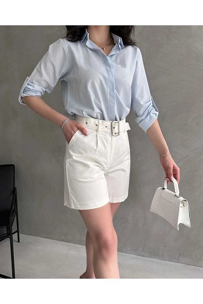 Zeliza Moda Evi Bird Eye Belted Wide Leg Mom Women's Shorts
