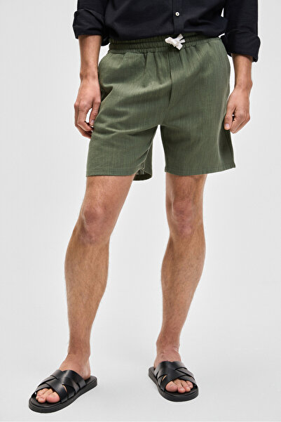 GRIMELANGE LEYTON Erkek Relaxed Fit Çift Cepli Beli Lastikli Keten Karışımlı Dokuma Haki Şort & Bermuda