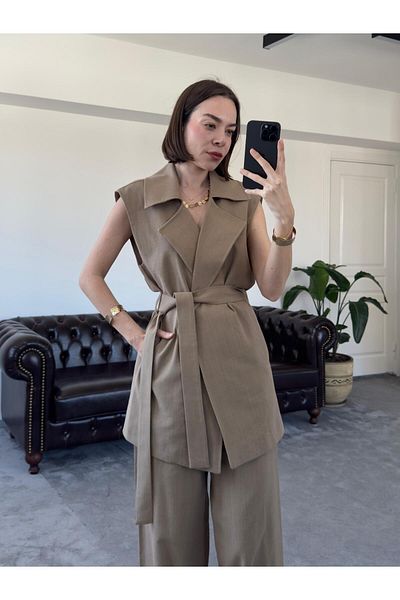 QİMYA BUTİK MAGARDE Women's Mid-Length Belted Vest and Loose Trousers Double Linen Set