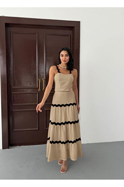 jennyfer garment İTHAL KETEN KUMAŞ BÜSTİYER ETEKLİ TAKIM