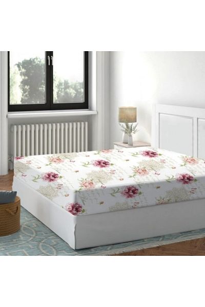 Pucioasa Fitted Sheet with Elastic, 100% Cotton, 180x200cm, Floral Pink