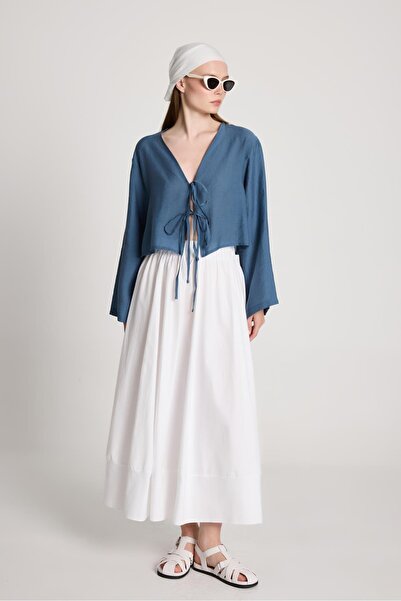 minaaise Bluză pentru femei Indigo Modal Fabric cu cravată în față 29163